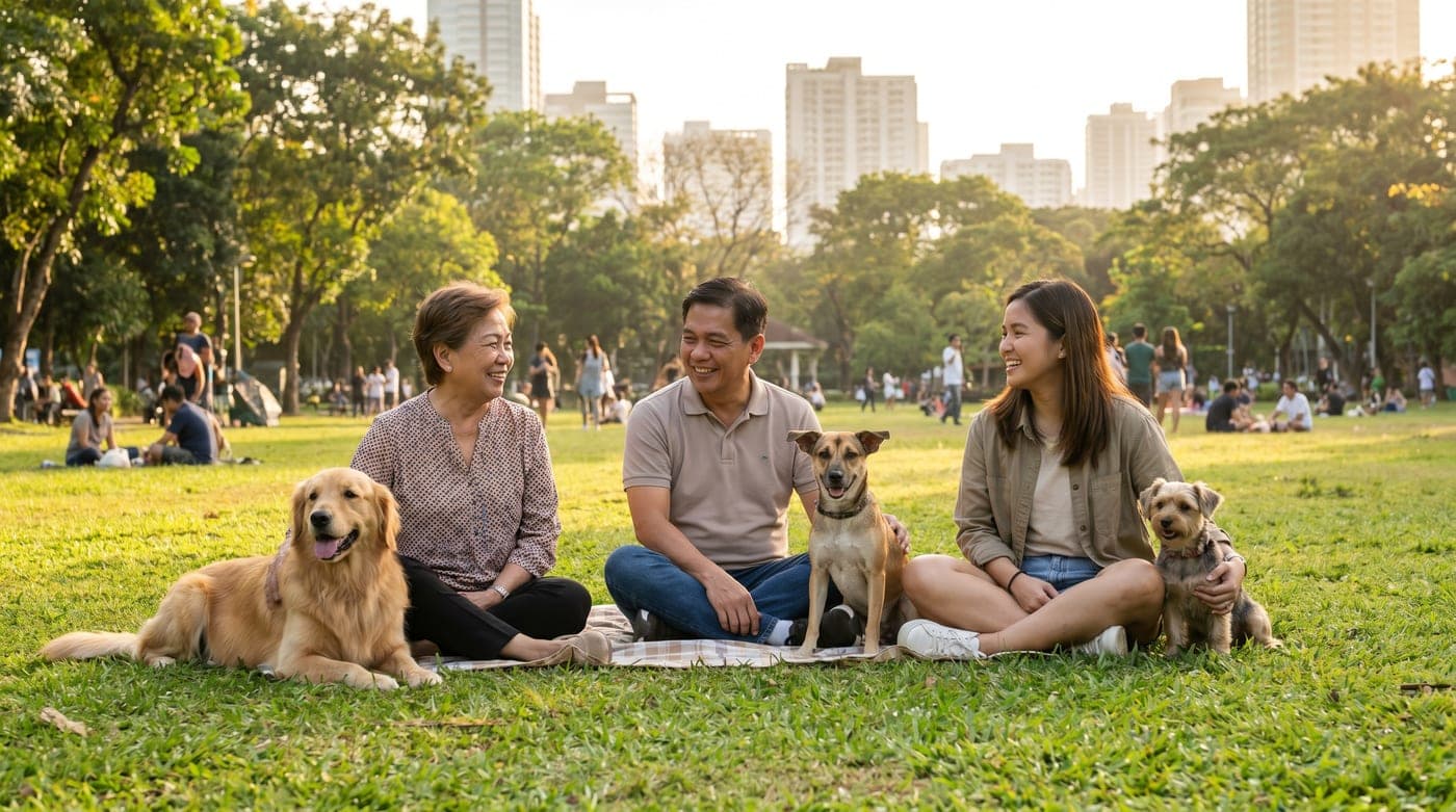 Filipino pet owners and their dogs gathered on the grass at a Metro Manila park during golden hour