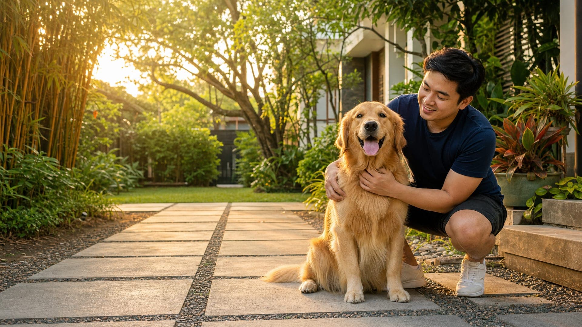 A Filipino pet owner with his golden retriever in a sunlit Metro Manila garden
